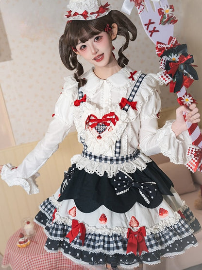 and White Applique Bows Sweet Overall Strawberry Print Lolita Dress with Sweetheart Black
