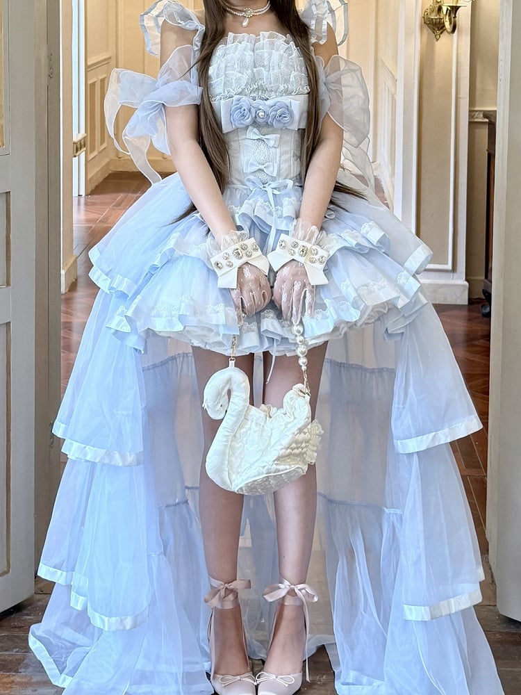 Blue Elegant Lolita Jumper Dress with Train and Sleeves - Diamond Honey