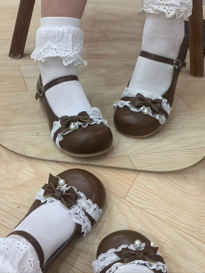 Mary with Round Buckle Heel Bow - Sweet Lace Lolita Toe Charm 1cm/3.5cm Brown Trim Bead Heart Janes PU