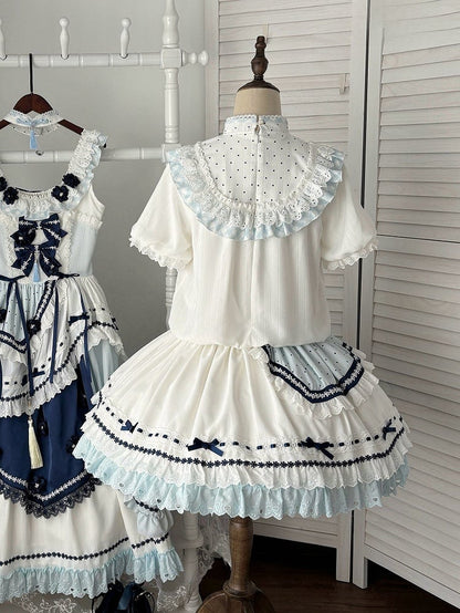 and White Banded Lolita Han Accents Blue Flower Collar Bow Dress with Puff Sleeves