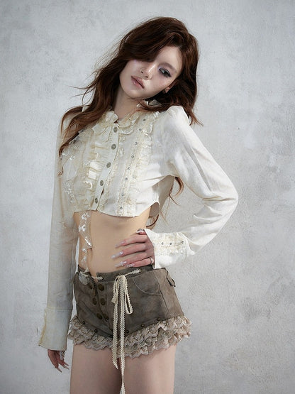 Khaki Faux Leather Shorts with Lace Trimmed Hems - NO ROMANCE