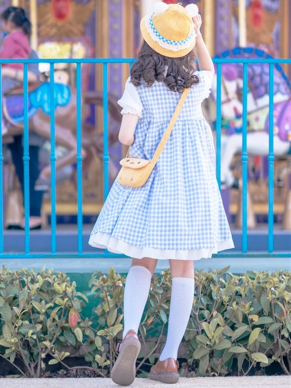 Blue Little Chicken Peter Pan Collar Plaid Short Puff Sleeves Dress