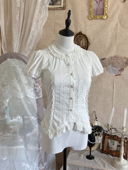 White Short-Sleeve Lolita Blouse with Elastic Lace Trim - Maiden Portal