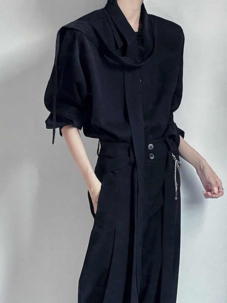 Dropped Sleeves Chiffon Delicate Shoulder and with Shirt Brooch Black