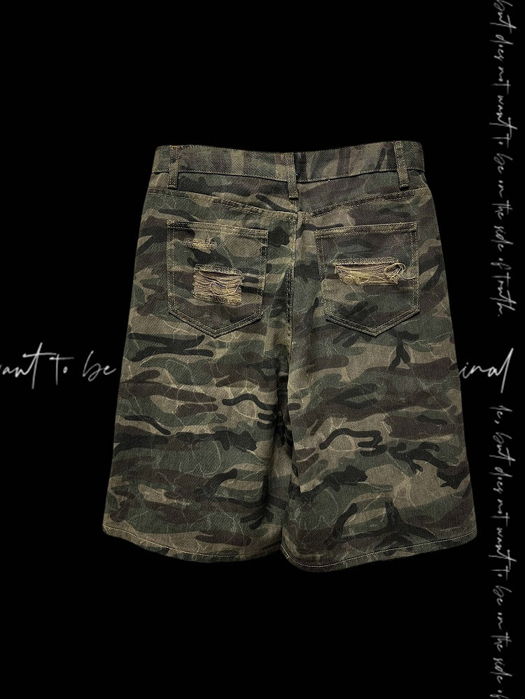 Punk Camouflage Distressed Holes Wasteland Shorts mit weitem Bein