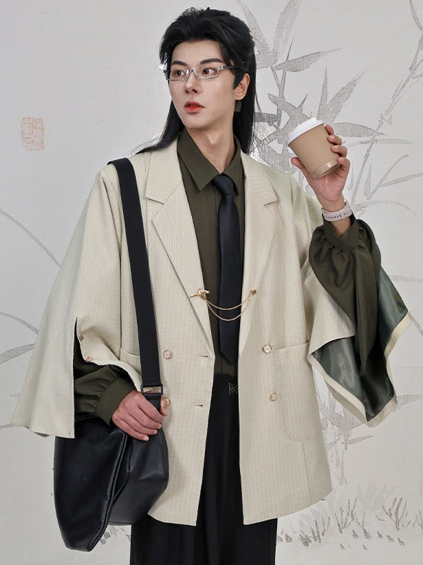 Unisex Gothic Front Cheongsam Notched Blazer Button Placket Beige Design with Collar