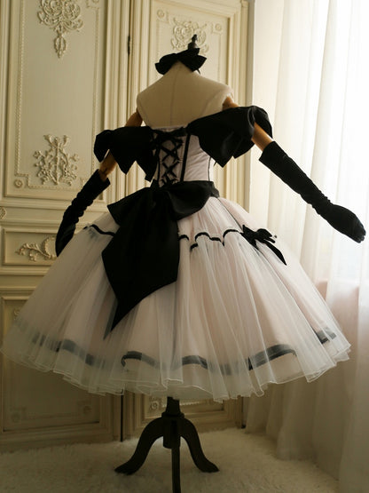 Big Bow Off-the-shoulder Neckline Pink Elegant Tea Party Lolita Tulle Dress