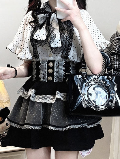 Chiffon Sleeve Polka-dot White/Black Cape Blouse: Jirai Kei