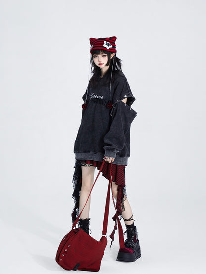 Detachable Sleeves with Black Hoodie Lettering Embroidered Vintage