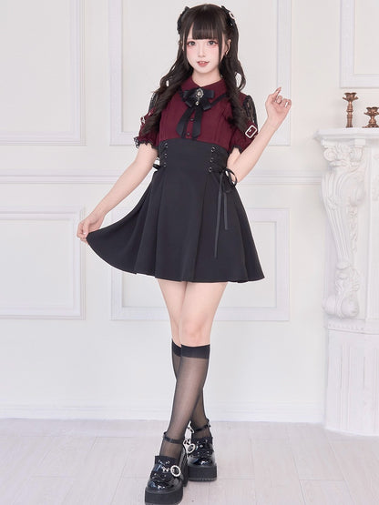 Jirai Kei – Rotes Kleid mit hoher Taille und Kunstschnürung, Schwarz/Schwarz, zweiteilig