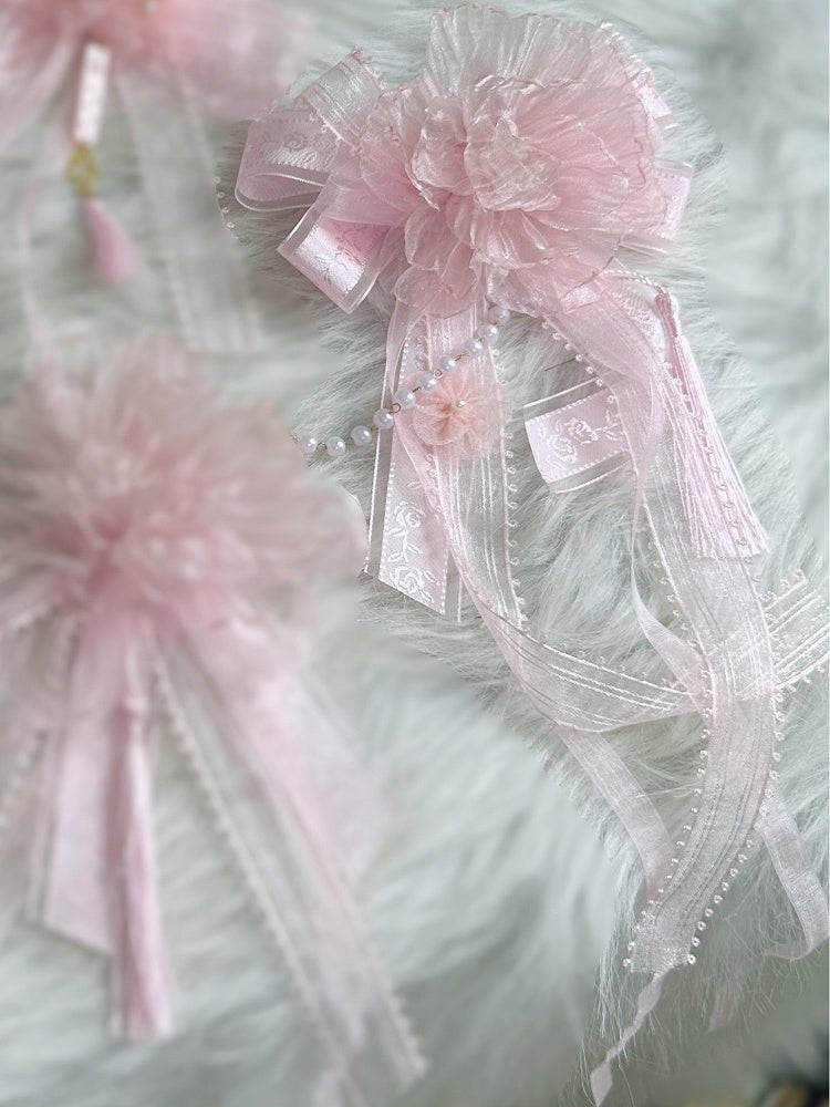 Bowknot Hairclip Lolita Sweet Pink Ribbon Floral With Pearl Tassel