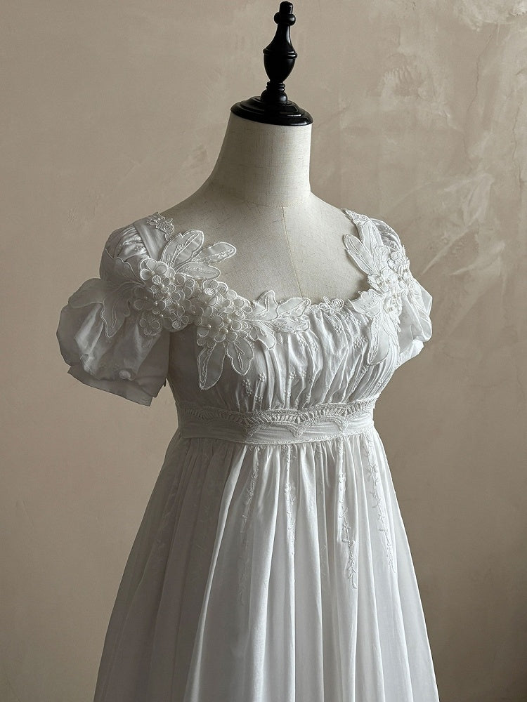 High-Waisted Empire Lolita One-Piece Gown with Lace Embroidery - Vivian's Quilt Studio