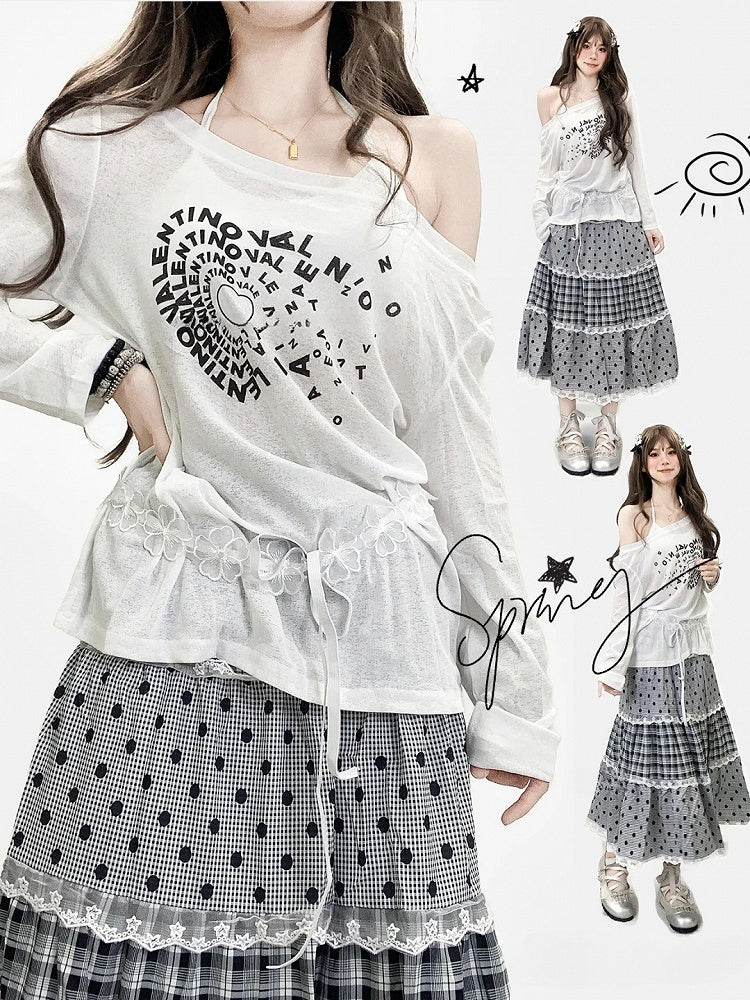 レターとビタースイートプリントのホワイトヘアネックラインアシンメトリー