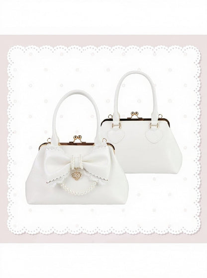 Ivory Classic Lolita Purse with Pearl Link and Ribbon Bow - Sheep Puff Bag