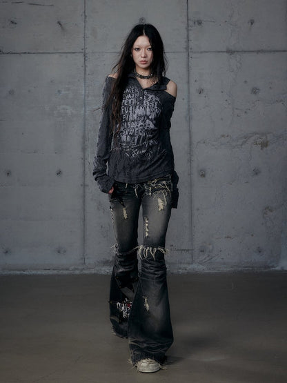 Patches Schwarz PU Ausgestellt Rock Star Punk Wasteland Saum Washed Raw Jeans mit