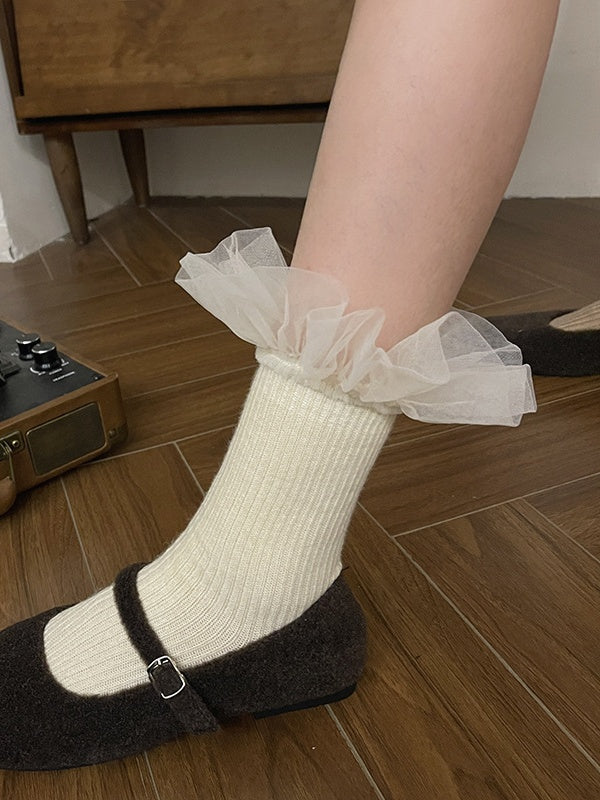 White Sweet Lace Trim Calf Socks