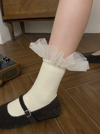 White Sweet Lace Trim Calf Socks