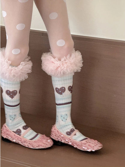 Socks Tulle Sweet Ruffle Pattern Heart Pink with Trim Calf