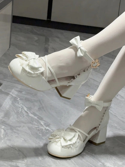 White Janes with Sweet Embellishments Mid-heel Mary Bow Lolita Design -