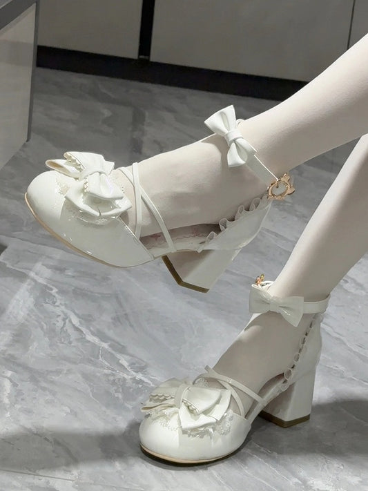 White Janes with Sweet Embellishments Mid-heel Mary Bow Lolita Design -