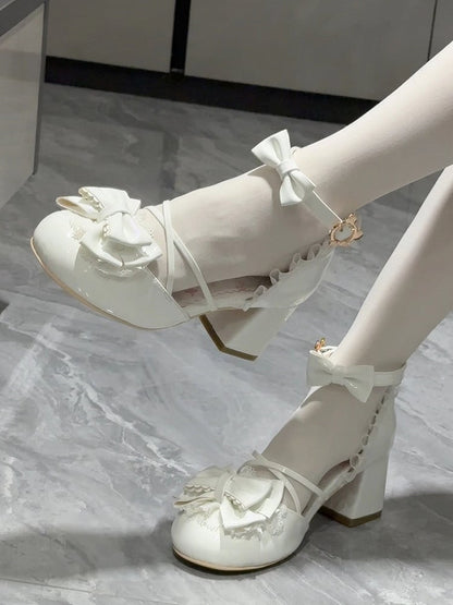 Bow Design White with Mid-heel Sweet Embellishments - Mary Janes Lolita