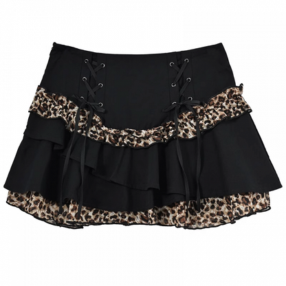 Y2K Schwarzer Mini-Stufenrock mit Leopardenmuster und glamourösen Schnürdetails