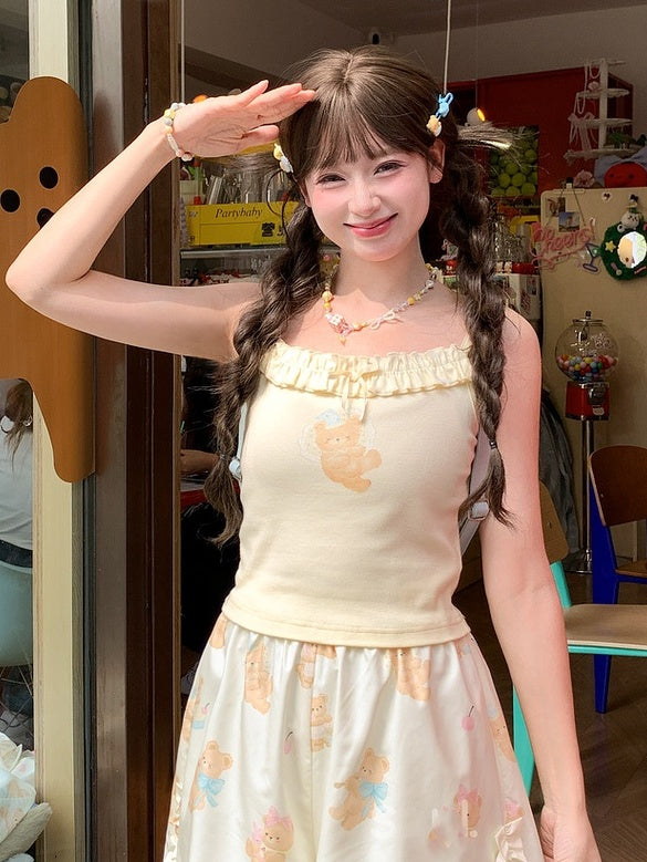 愛らしいクマ柄キャミソールトップス ネックライン ライトイエロー フリル