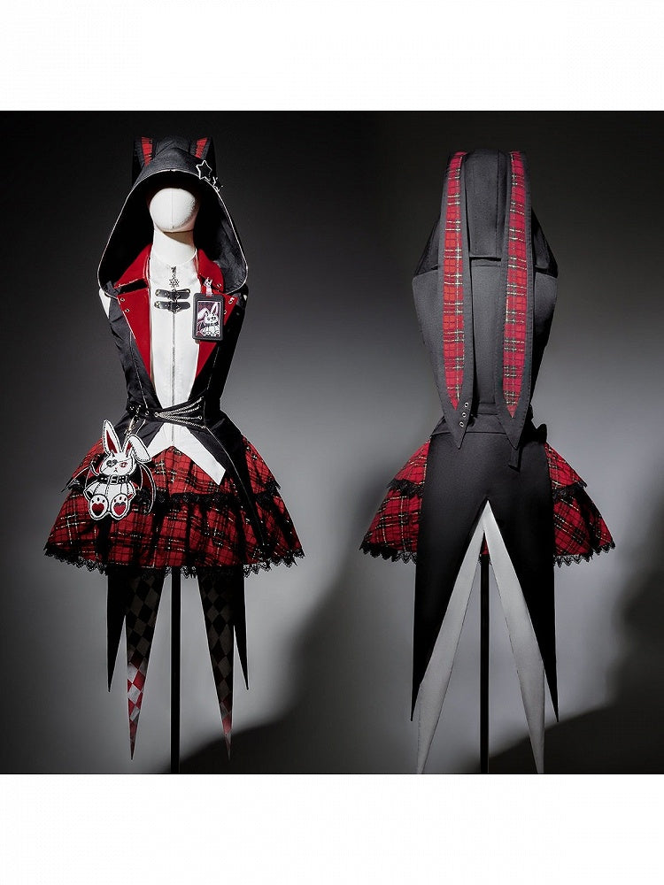 Punk Bunny Ear Hooded Coat with Diamond Tailcoat and Plaid Skirt in Black and Red - Xiong Dou Jiang