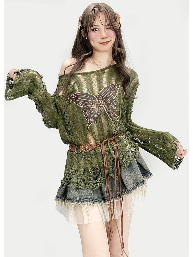 Knitted Applique Long Glamorous Sleeve Protection Butterfly Green Sun Top Bittersweet