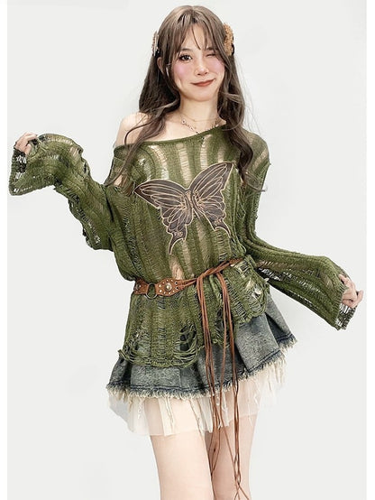 Knitted Applique Long Glamorous Sleeve Protection Butterfly Green Sun Top Bittersweet