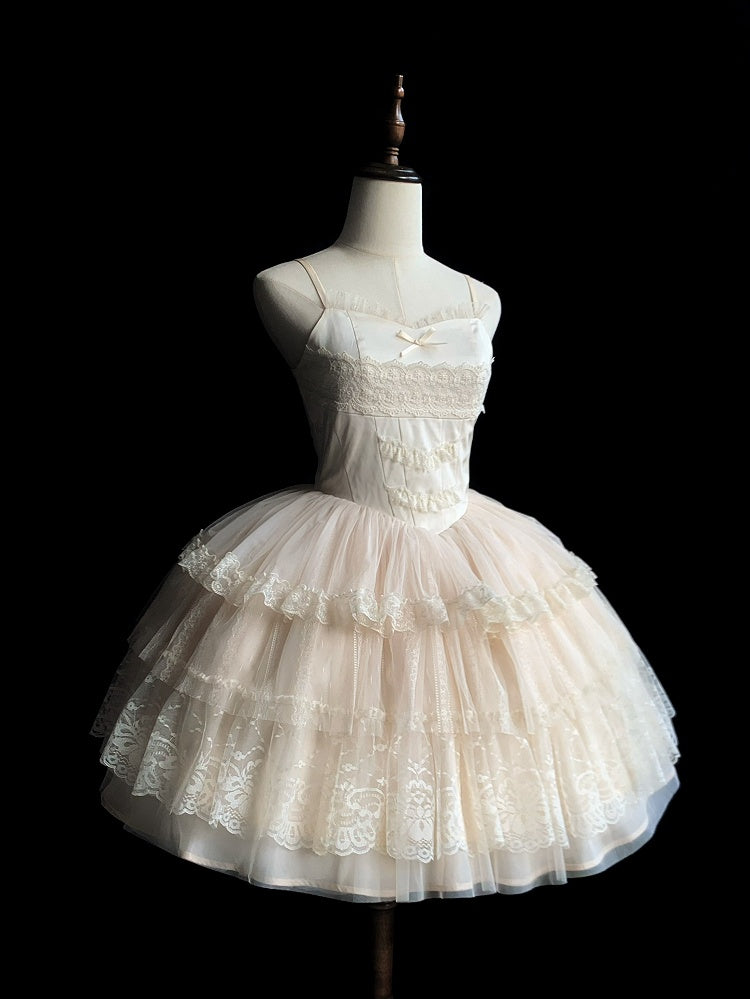 Shoulder Dress Short Version Thin JSK Lolita Princess Tiered Skirt Beige Straps
