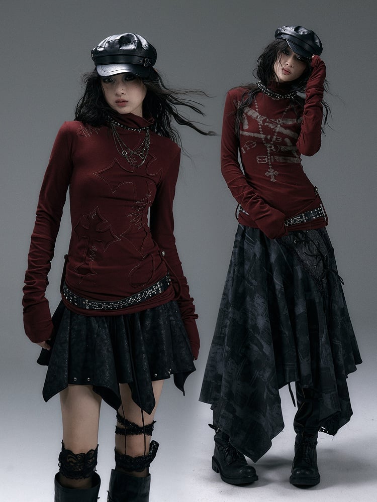 Khaki/Dunkelrotes Wendbares Top mit hohem Kragen