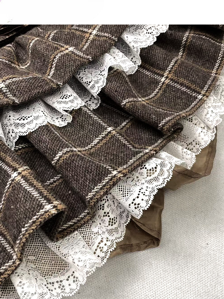 コーヒーチェック柄レースヘムティアードスカート