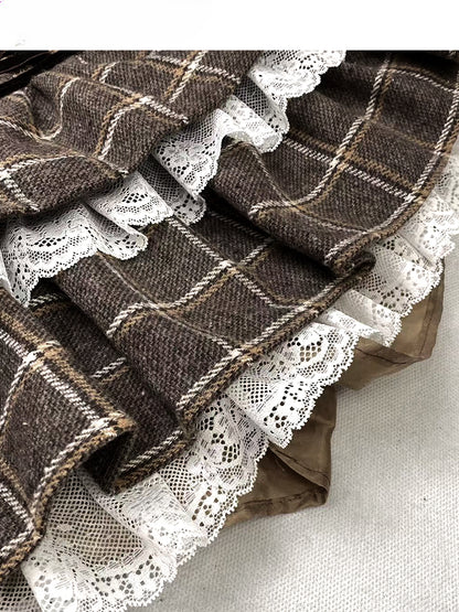 コーヒーチェック柄レースヘムティアードスカート