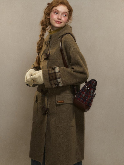 and Duffle Hood Coat with Wool Plaid Brown Lining Long
