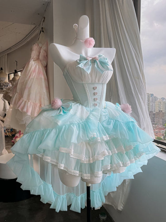 Grünes Balletcore-Trägerloses Puffkleid mit Taillenstäbchen und abnehmbarer Tüllschleppe