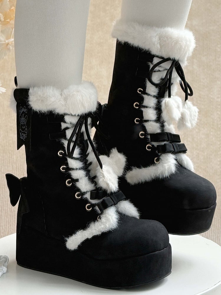 Lined in Sweet 4cm Black Romantic Lolita Boots Plush Bow Accents Platform