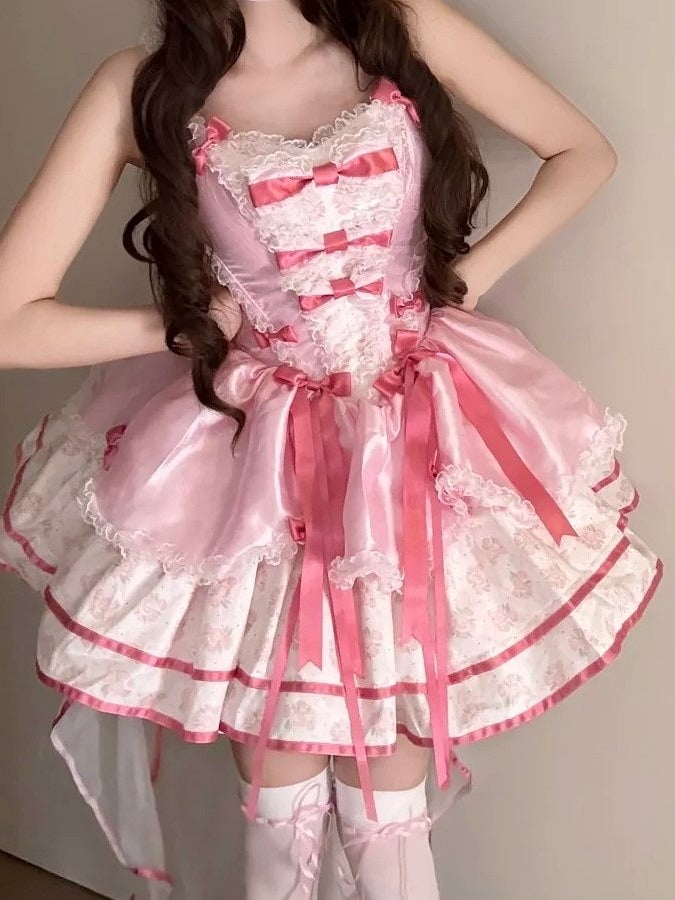 and Waist Accents Lolita Pink with Dress Basque Floral Fluffy Sweet Print Bow