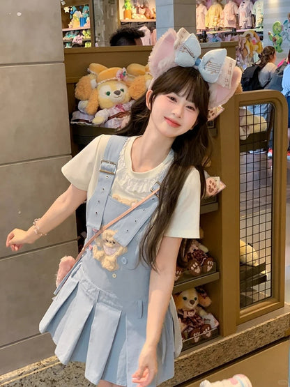 Verstellbare Plüschbär-Applikation, blaue Kellerfalte, Overall, Kleid, Träger, Schulter