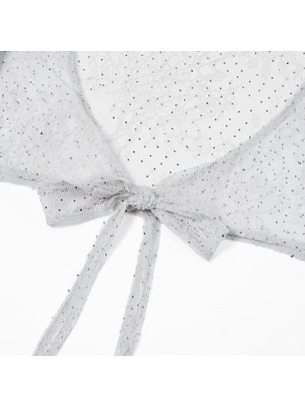 Y2K Light Gray Sheer Lace Puff Sleeve Cropped Top with Self-Tie - Virtual Orbit
