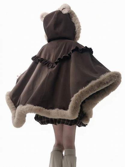 Pompon with Brown - Bear Plush Hooded Ear Accents Cape Hood Ruffle Trim Edging