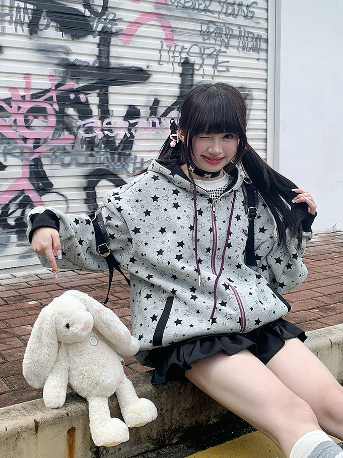 Grey Y2K Hoodie Jacket with Star-print