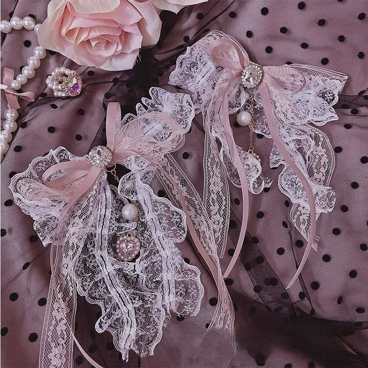 Heart Pendant Lace Bow Hairclip Rhinestone with Black/Pink