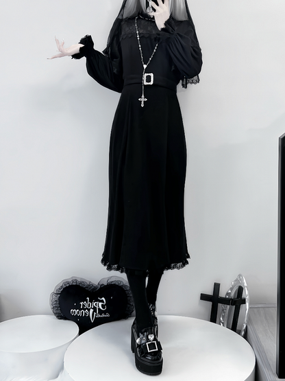 Black Sleeves with Illusion Jirai Dress: Silhouette Kei Neckline Cape Dark Mermaid