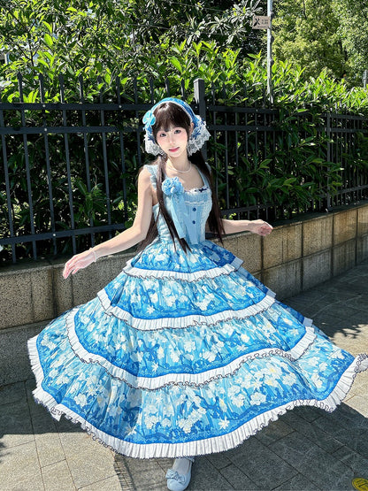Blue Classic Lolita JSK Dress with Narcissus Print Hem - Flower Ferry Lolita