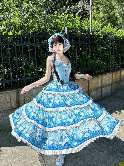Blue Floral Print Lolita Triangle Scarf with Lace Trim - Flower Ferry Lolita