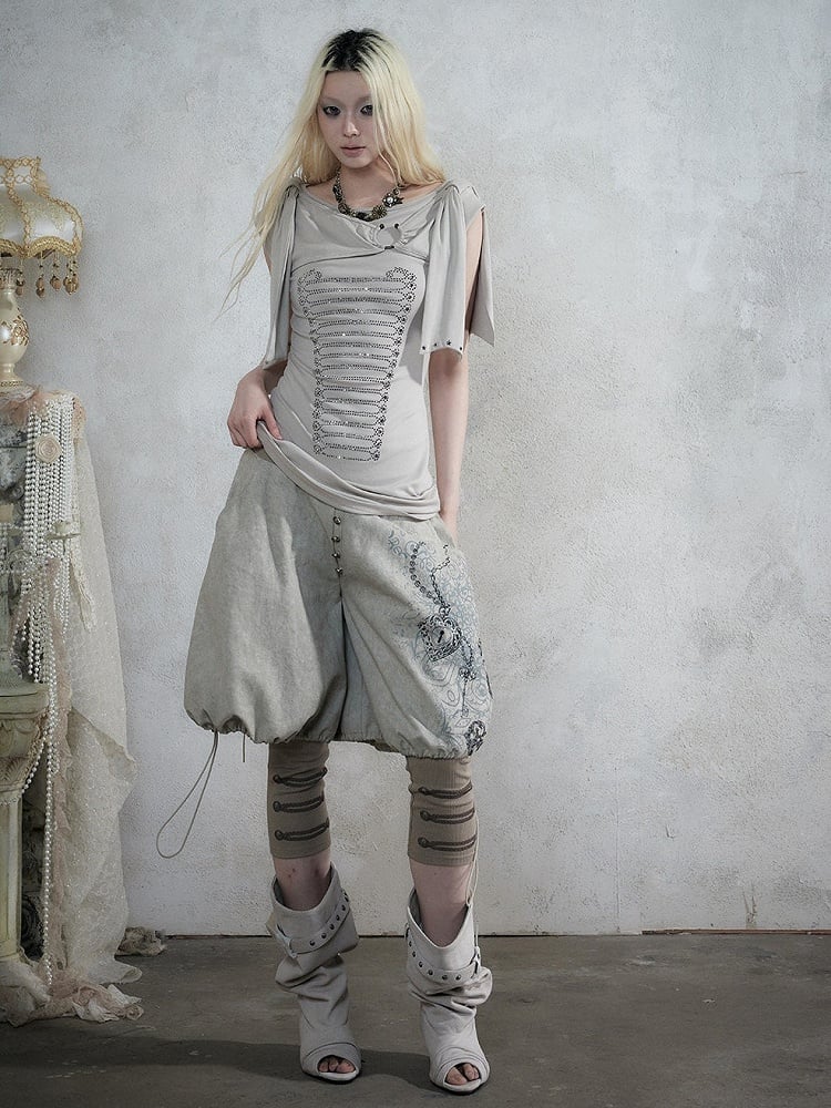 Beige-Grey Knit Short-Sleeve Top with Rhinestone Design - NO ROMANCE