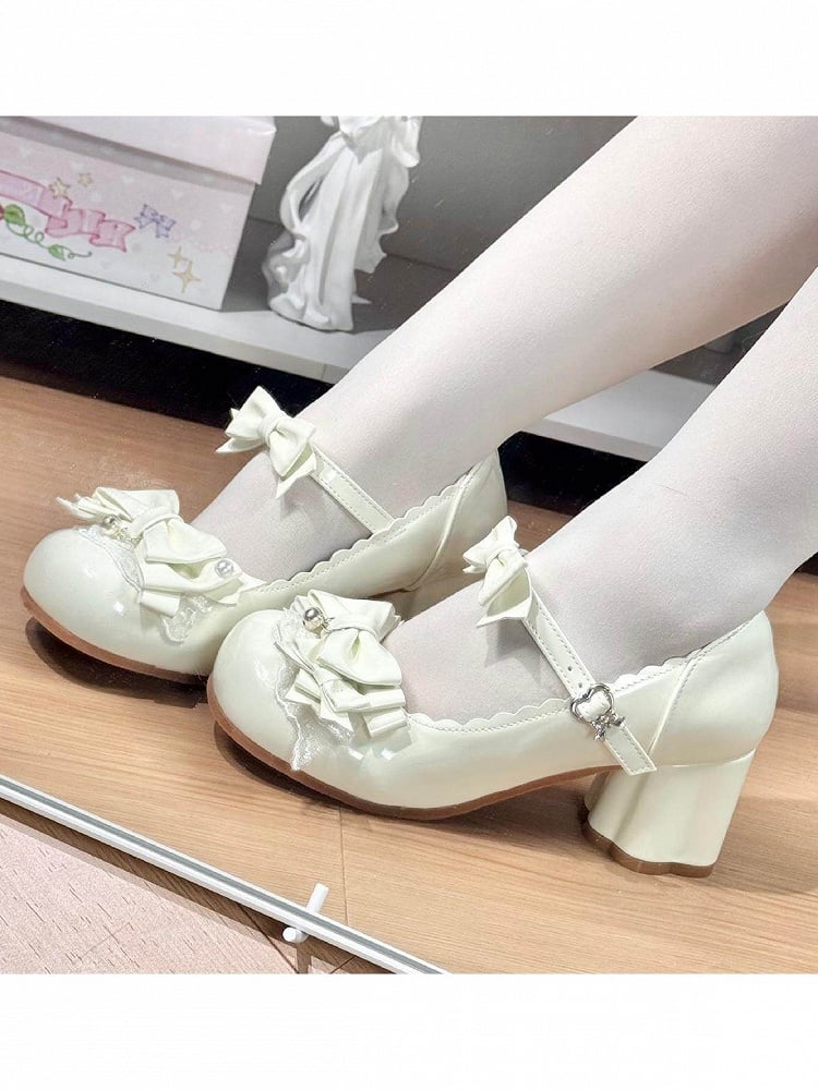 White Lolita Bow Pearl Round Toe Shoes - Sweet Mist