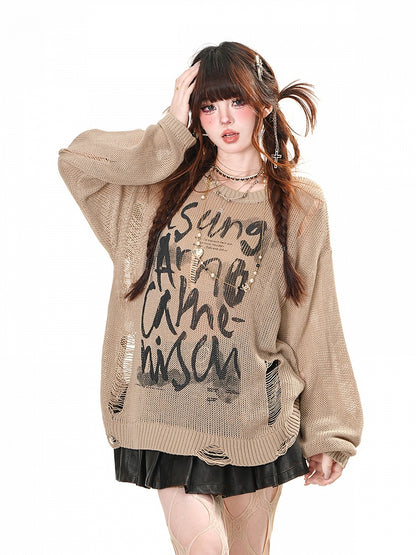 Top Distressed Weiß/Braun/Schwarz Buchstabendruck Löcher Sommer Sonnenschutz Aushöhlen