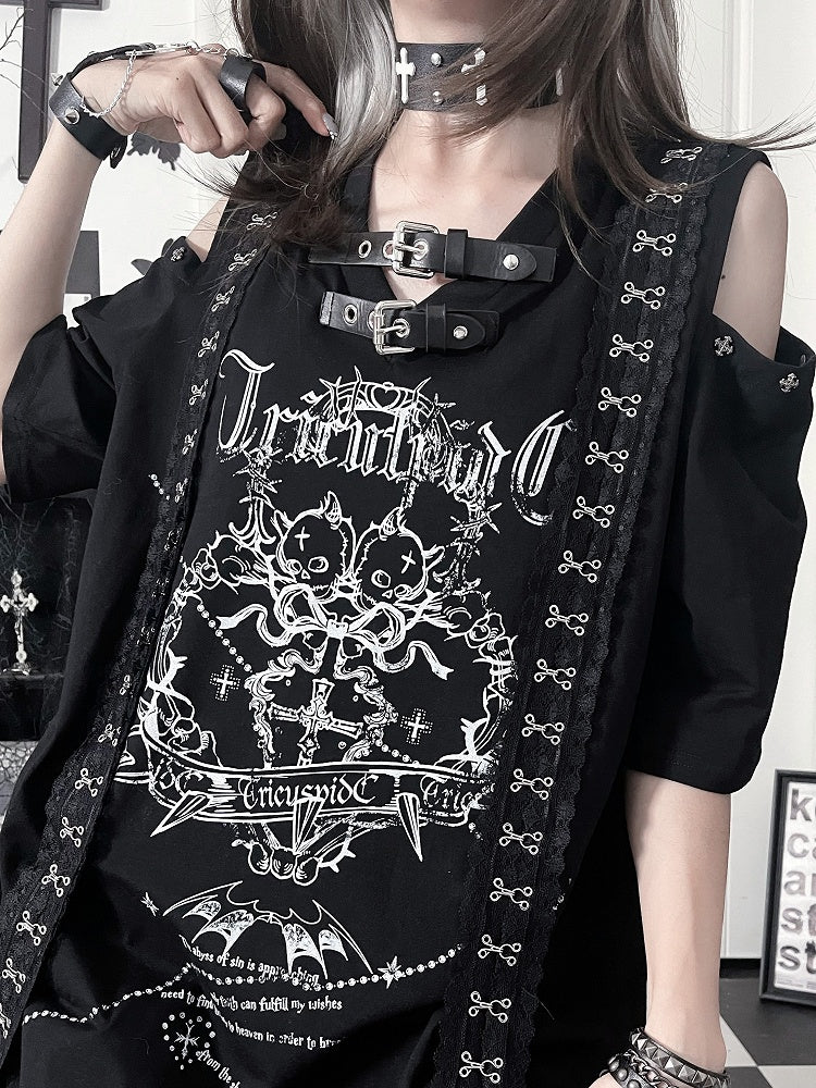 with Sleeve White Lace Straps Shoudler Drop Gothic Cross Short Black Trimmed Print T-shirt